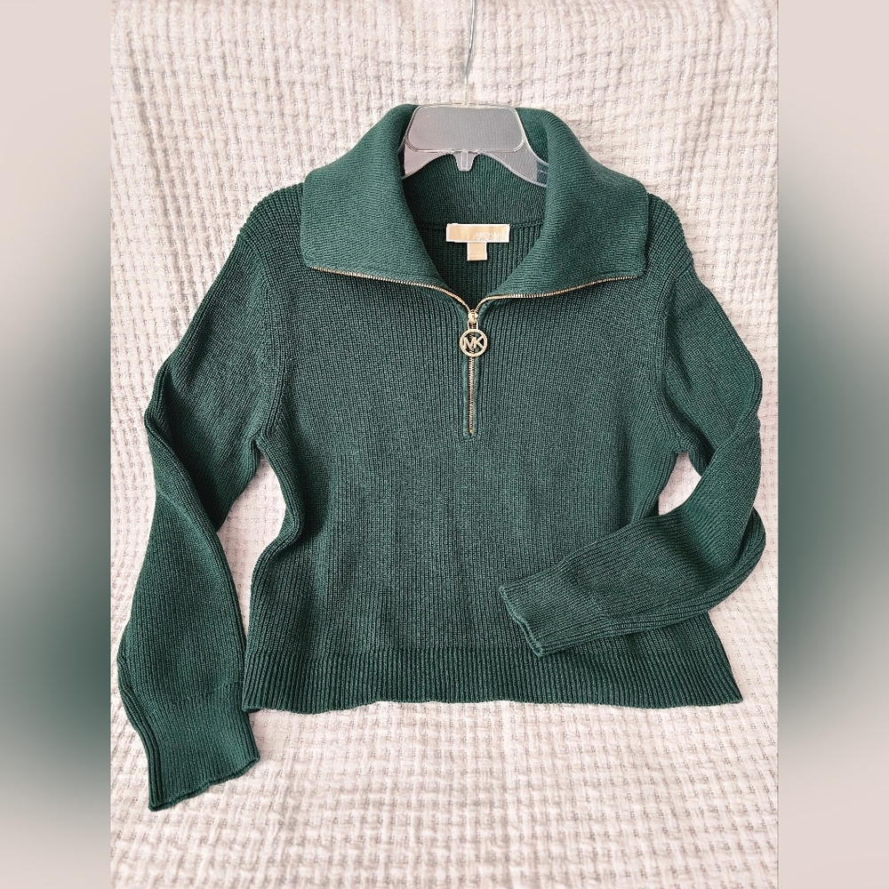 Women's Michael Kors Half Zip Shaker Sweater in Dark Emerald & Gold